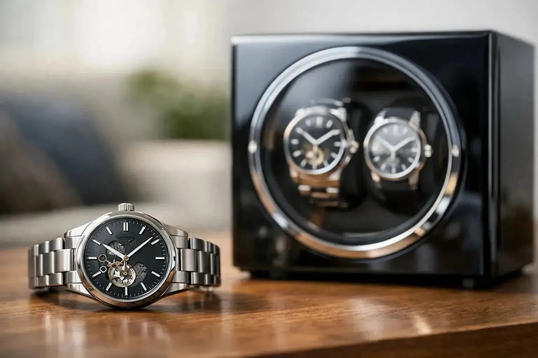 Automatic skeleton watch resting on a wooden surface next to a black dual-watch winder box.