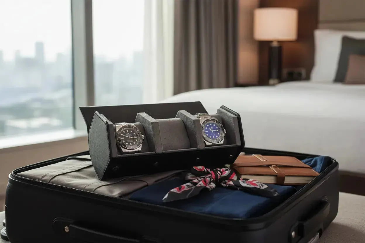 Two luxury automatic watches in a black leather travel case packed inside an open suitcase in a hotel room.