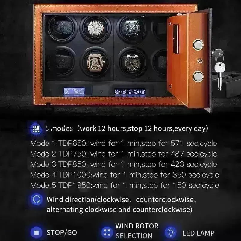Luxury leather watch winder box with multiple rotating slots, digital controls, and customizable winding modes.