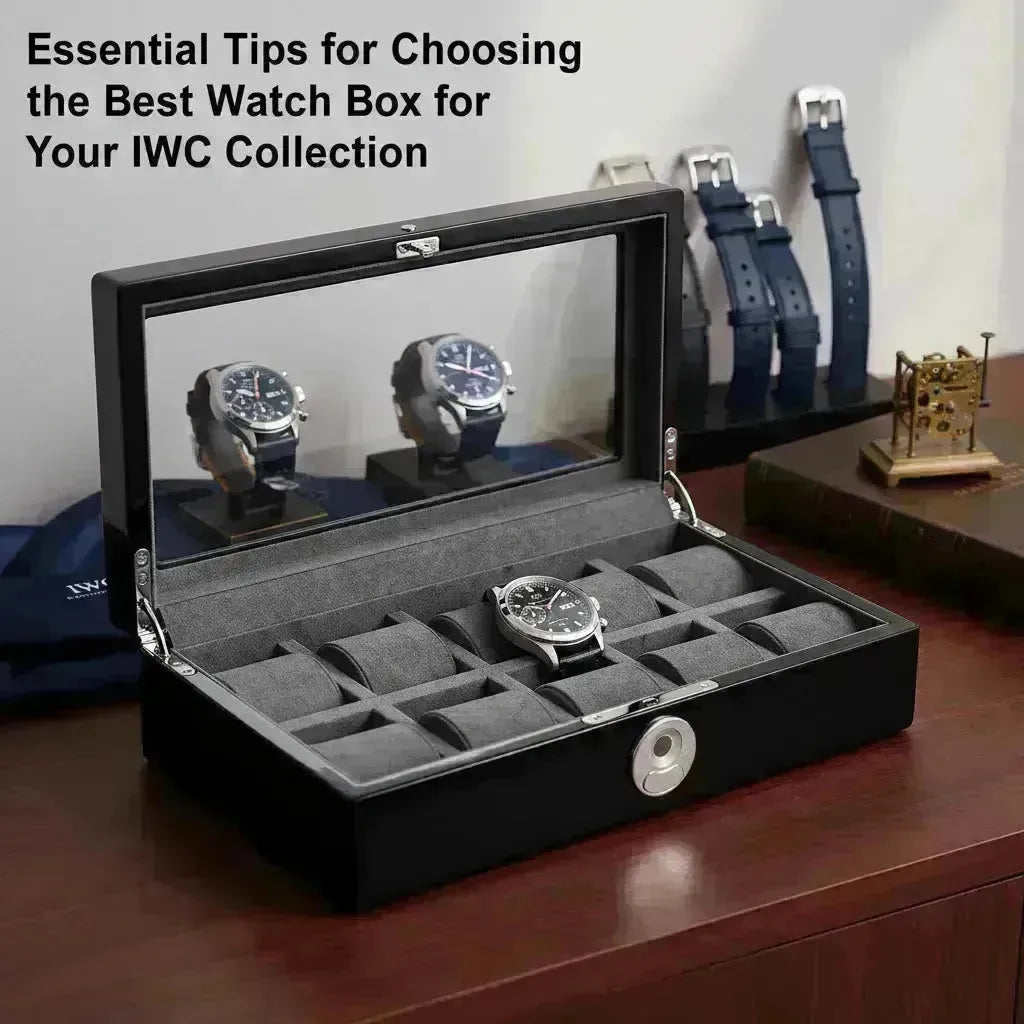 Black wooden watch box with a glass lid, gray velvet interior, and 10 compartments, holding a silver watch.