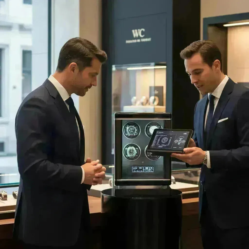 Two men in suits examine a modern black watch winder with four visible watches and a digital control tablet.