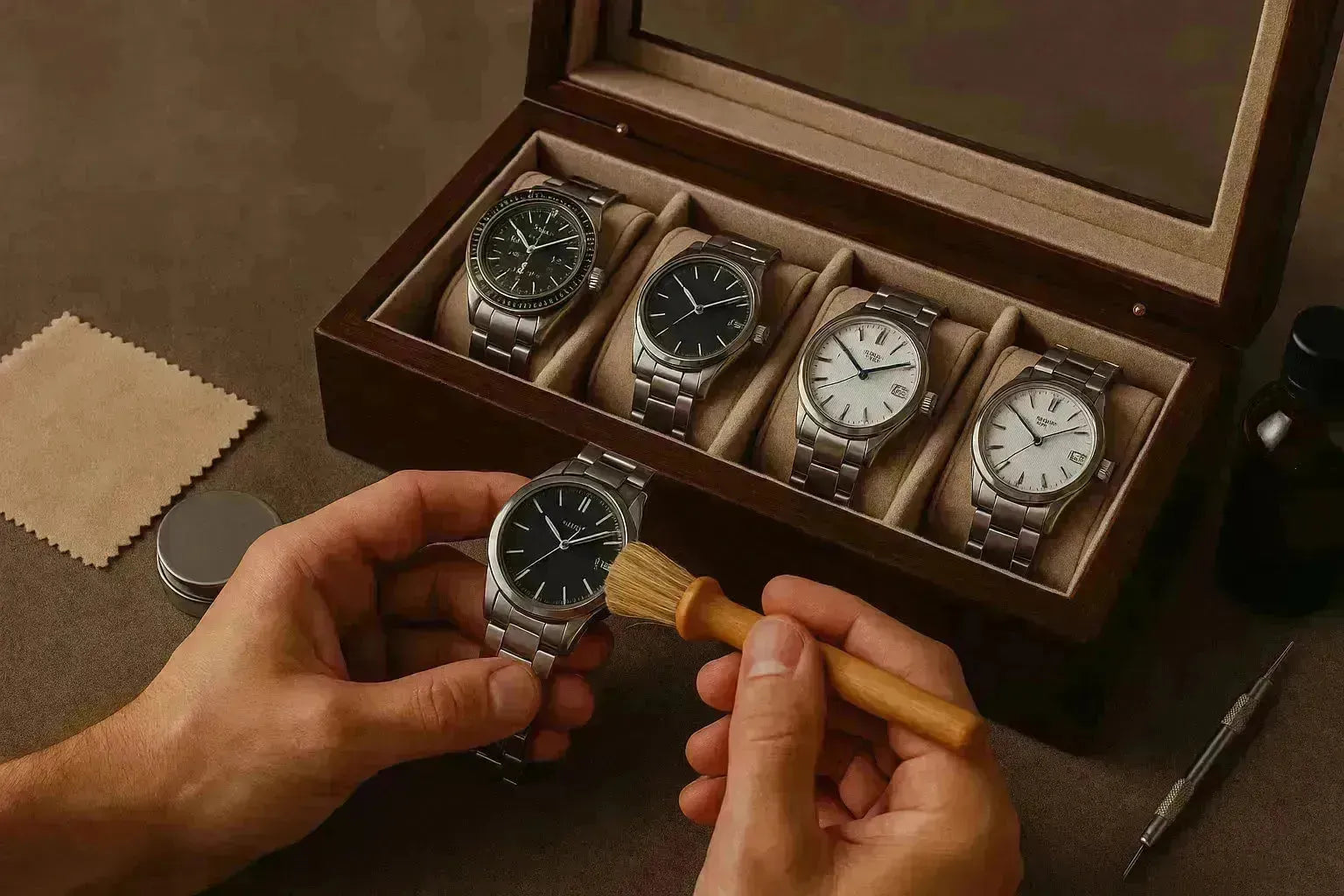 Hands cleaning a silver watch with a brush, next to a Tempus Watch Box holding four other watches.