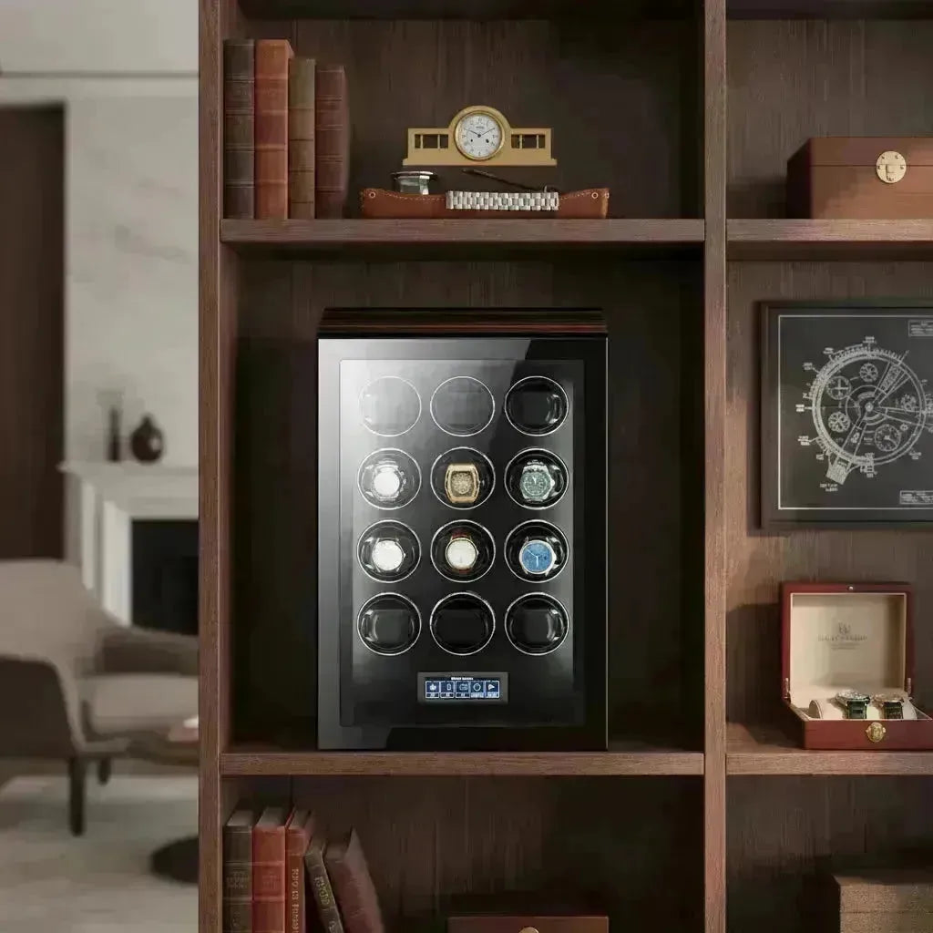 Tempus watch winder with 12 automatic watches displayed on a dark wooden bookshelf.