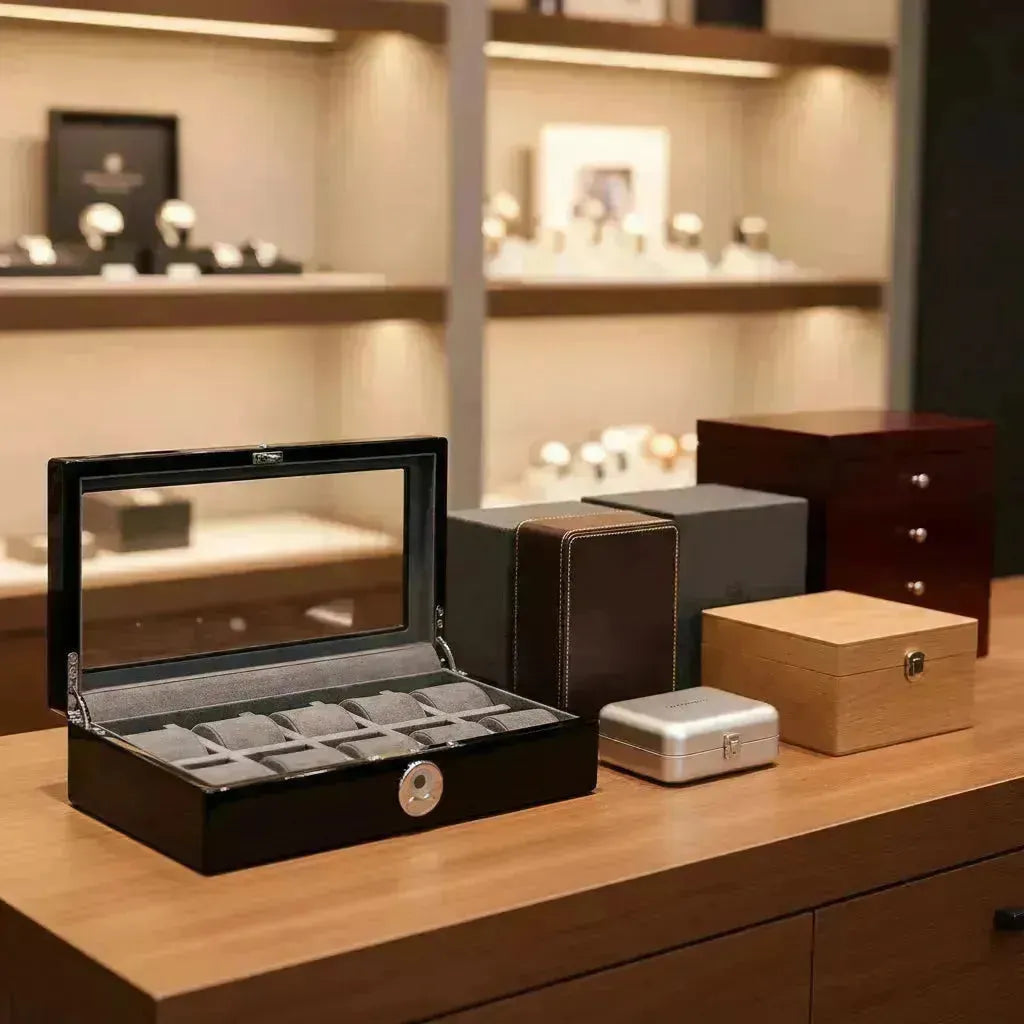 Assortment of stylish watch boxes: black lacquered, leather, wooden, and metal, on a display table.