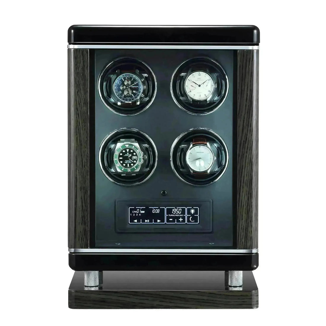 Dark wood and black automatic watch winder box with four luxury watches, digital display.