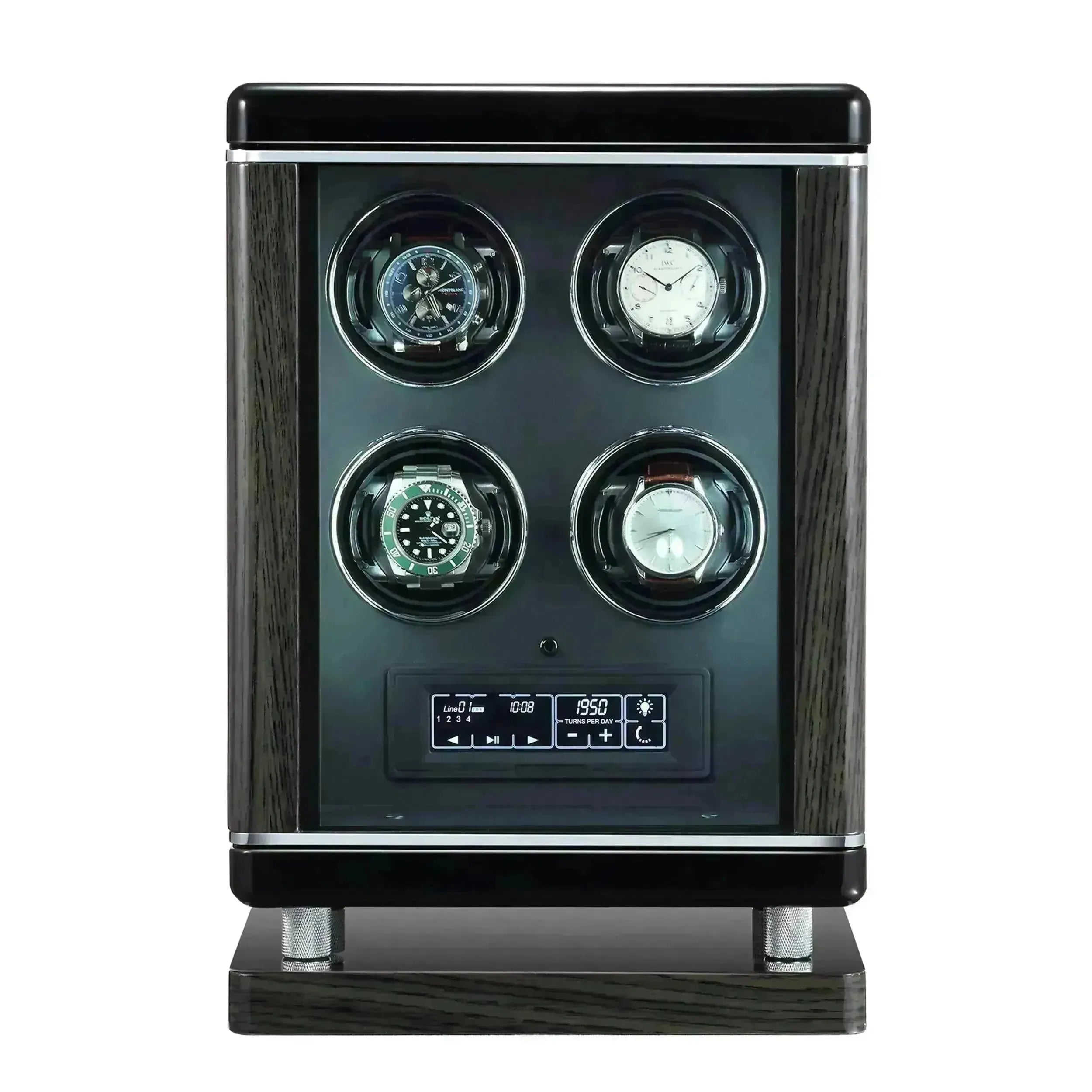 Dark wood and black automatic watch winder box with four luxury watches, digital display.
