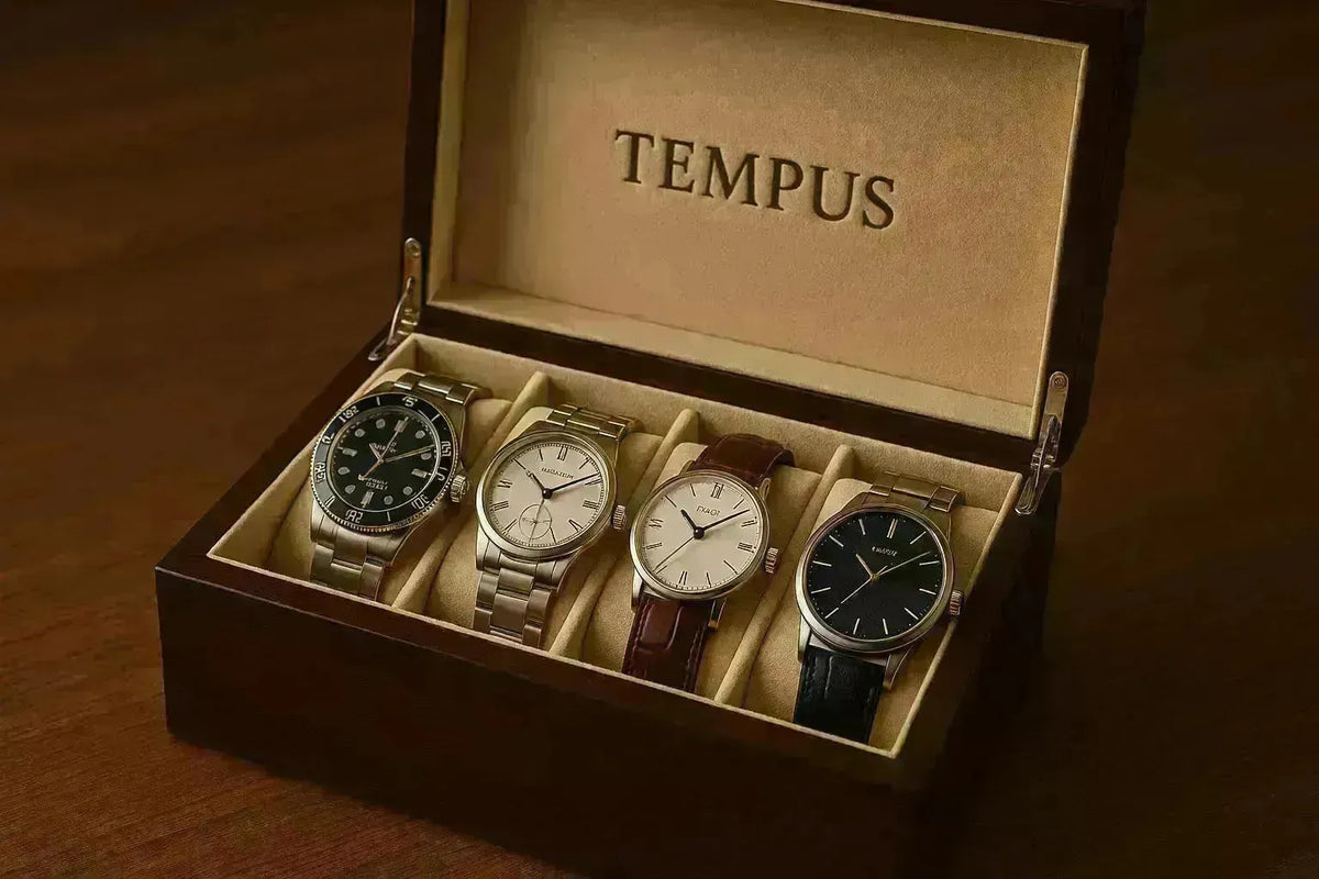 Elegant wooden Tempus watch box displaying four luxury wristwatches on a soft beige velvet interior.