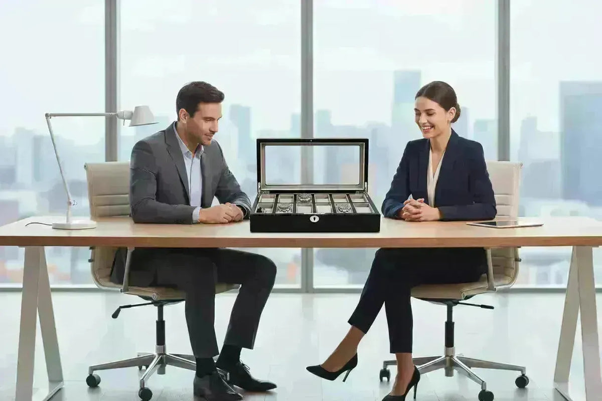 Professional man and woman sitting at an office desk with a sleek black Tempus watch box featuring a glass display lid.