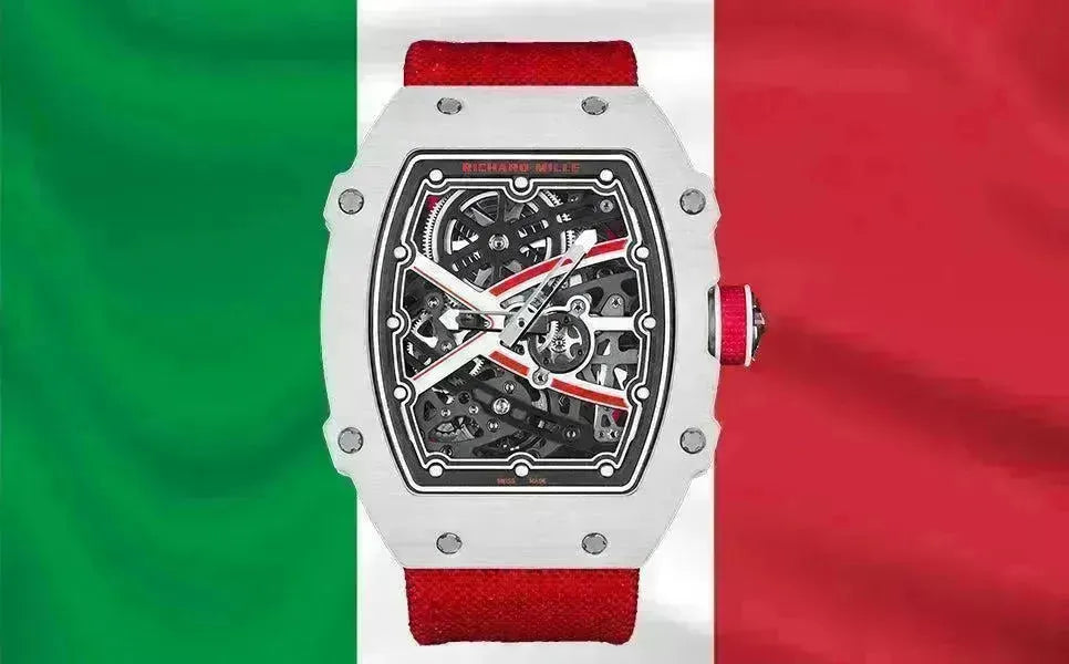 Richard Mille RM 67-02 automatic watch with red strap on an Italian flag background.
