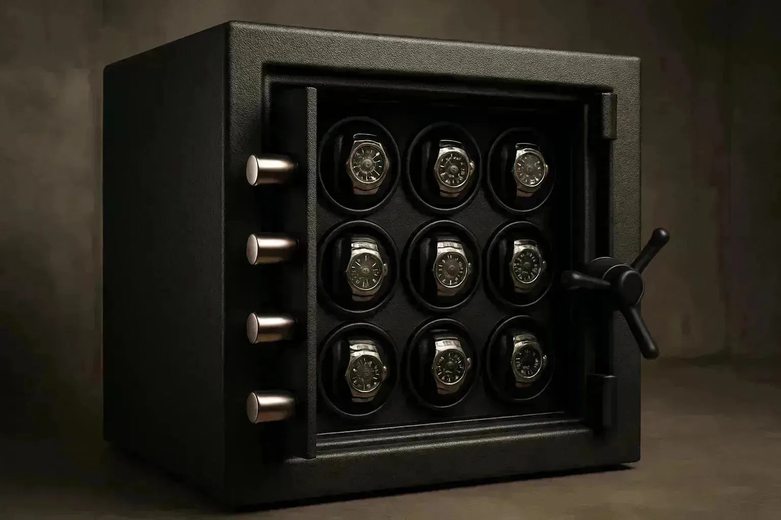 Black steel watch safe with nine automatic watch winders, securing luxury timepieces.