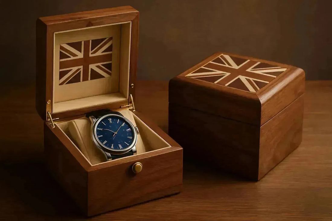 Handcrafted wooden watch boxes with Union Jack inlay, one open revealing a blue-faced watch.