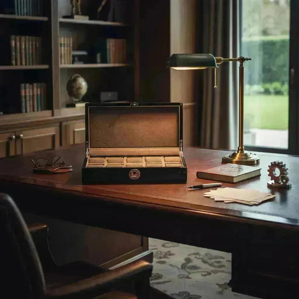 Elegant open Tempus watch box with a dark finish and light interior, on a leather desk.