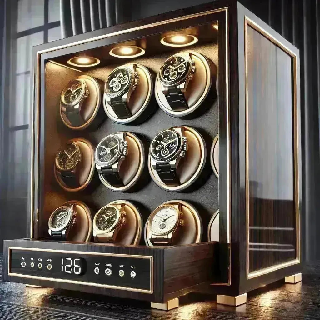 Luxury dark wood watch winder with glass sides, gold accents, internal lighting, and nine automatic watches.