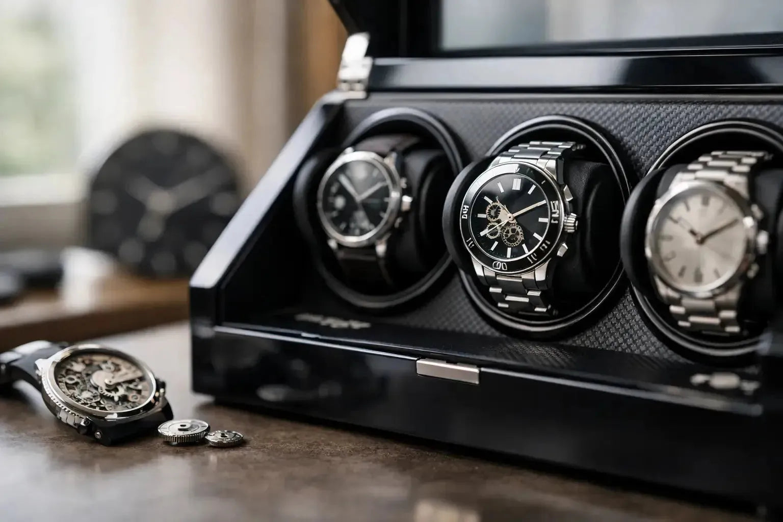 Three luxury watches inside a sleek black carbon fiber watch winder box on a desk.