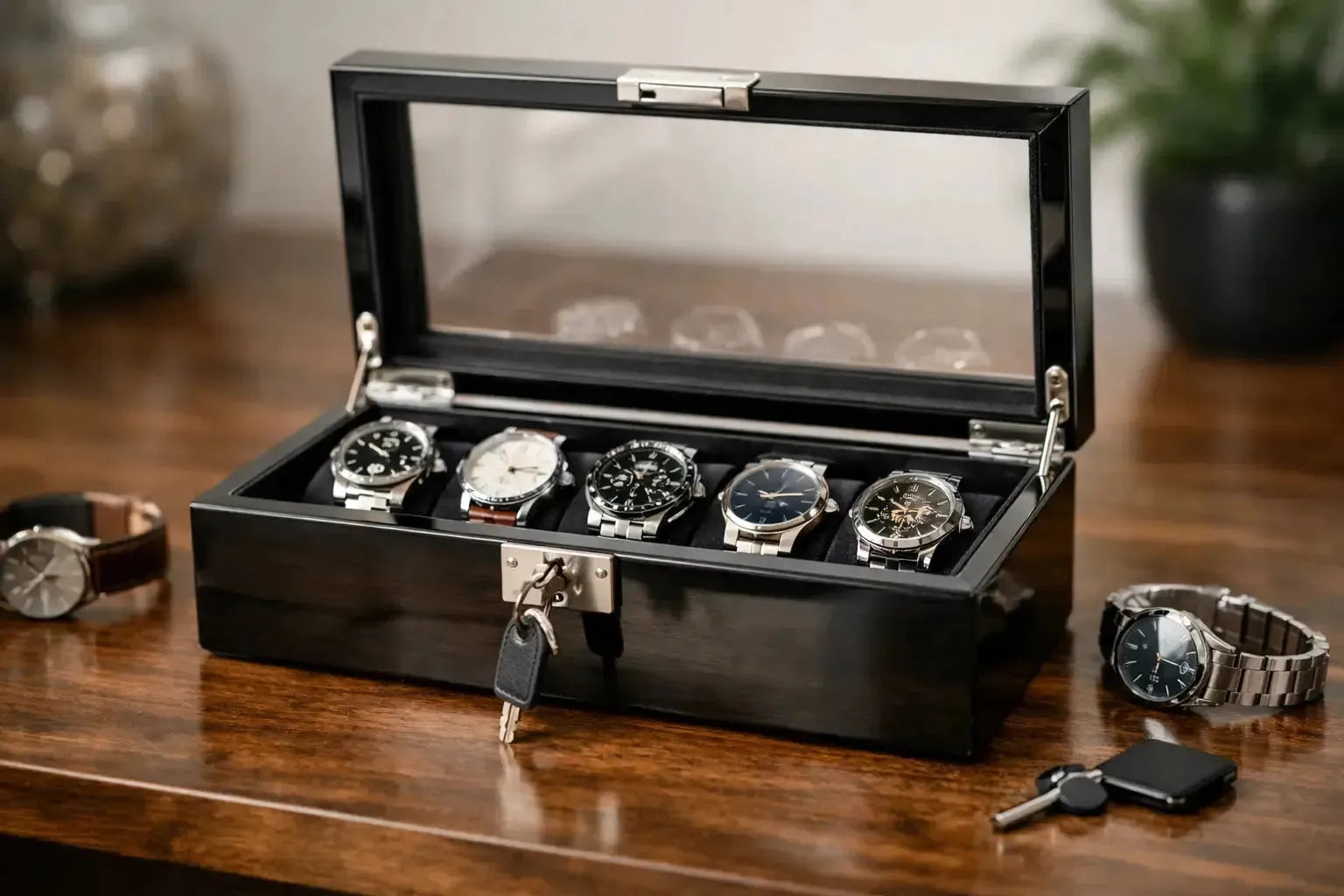 Black wooden watch box with a glass lid, lock, and key, displaying five luxury wristwatches on a wooden desk.
