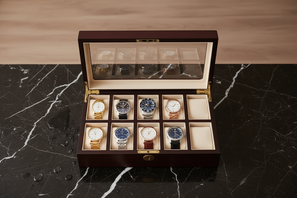Luxury watch case open on dark marble with multiple watches displayed inside cushioned slots
