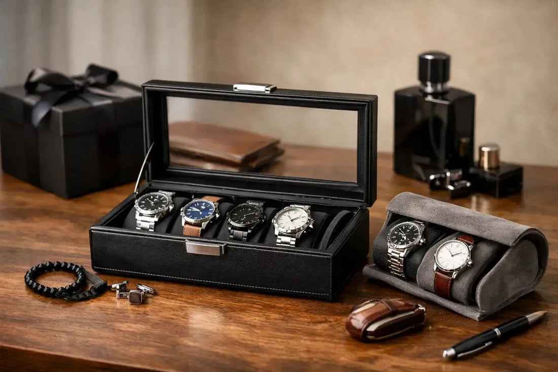 Black leather watch display box with a glass lid and a gray suede travel roll holding luxury men's wristwatches.