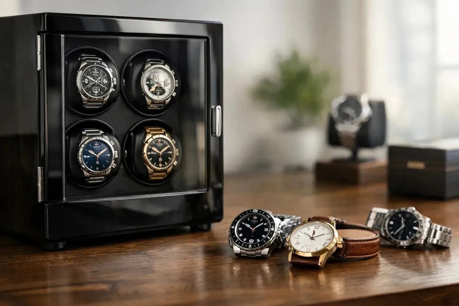 Black wooden quad watch winder holding four luxury timepieces on a desk with additional watches displayed nearby.