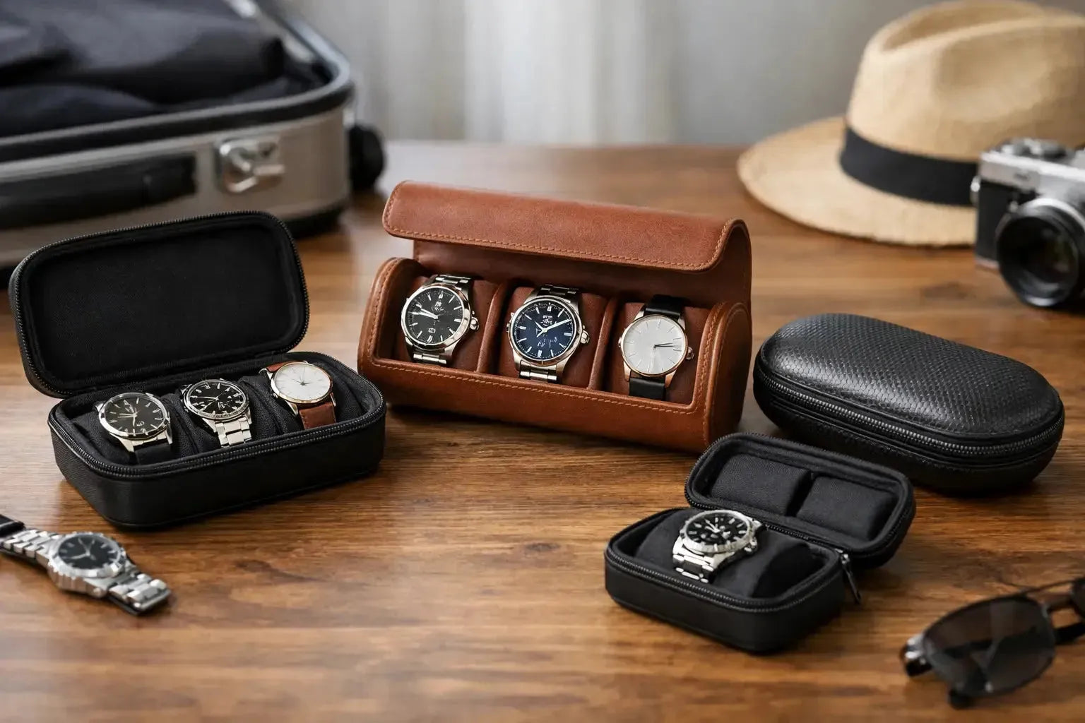 Various leather and hardshell watch travel cases holding luxury timepieces on a wooden desk.