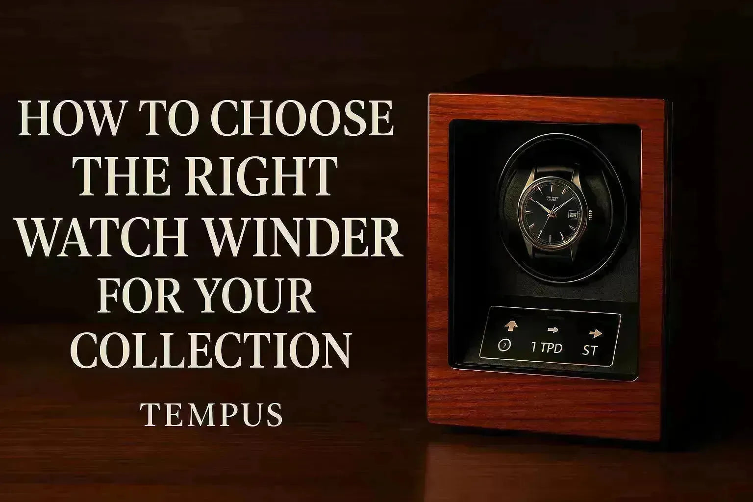 Elegant wooden watch winder with a black automatic watch inside, displaying controls for TPD and rotation.