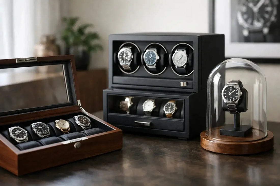 Luxury watch collection displayed in a wooden box, a black automatic winder, and a glass dome case on a wooden desk.