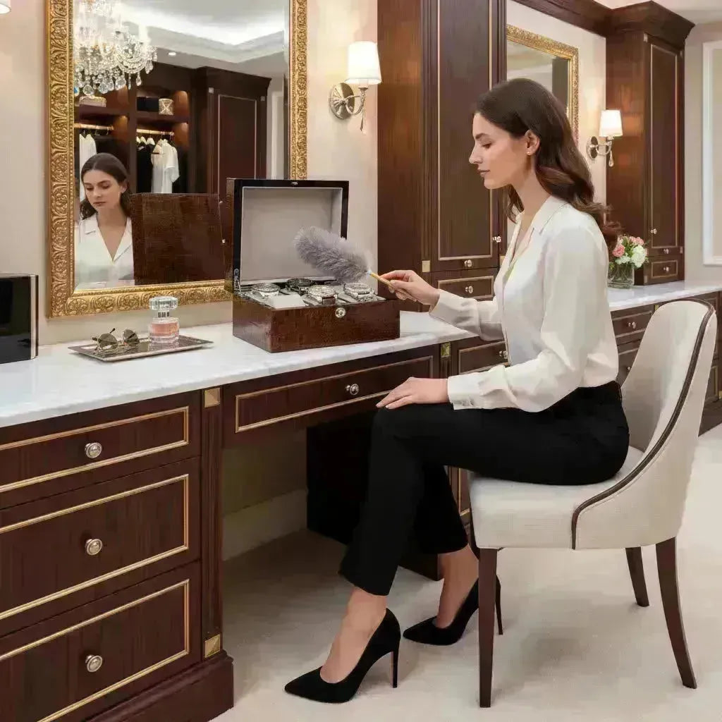 Woman dusting a luxurious dark wood Tempus watch box on a marble vanity.