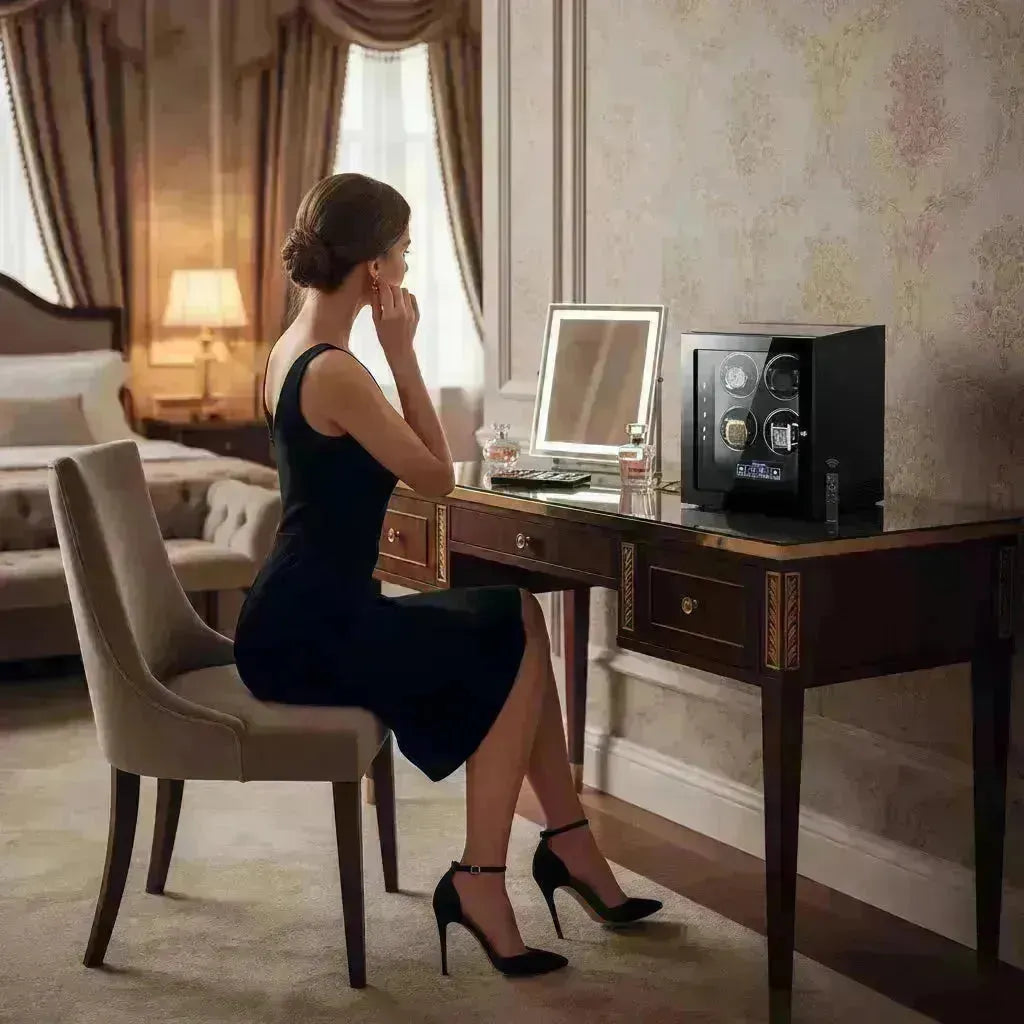 Woman in black dress at a vanity with a sleek black watch winder, preparing for an evening out.
