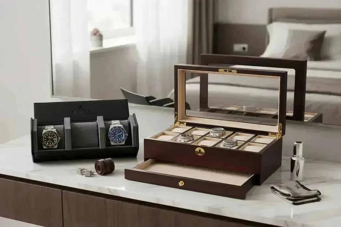 Dark wood watch box with glass lid and drawer, alongside a black leather travel case holding two luxury watches.
