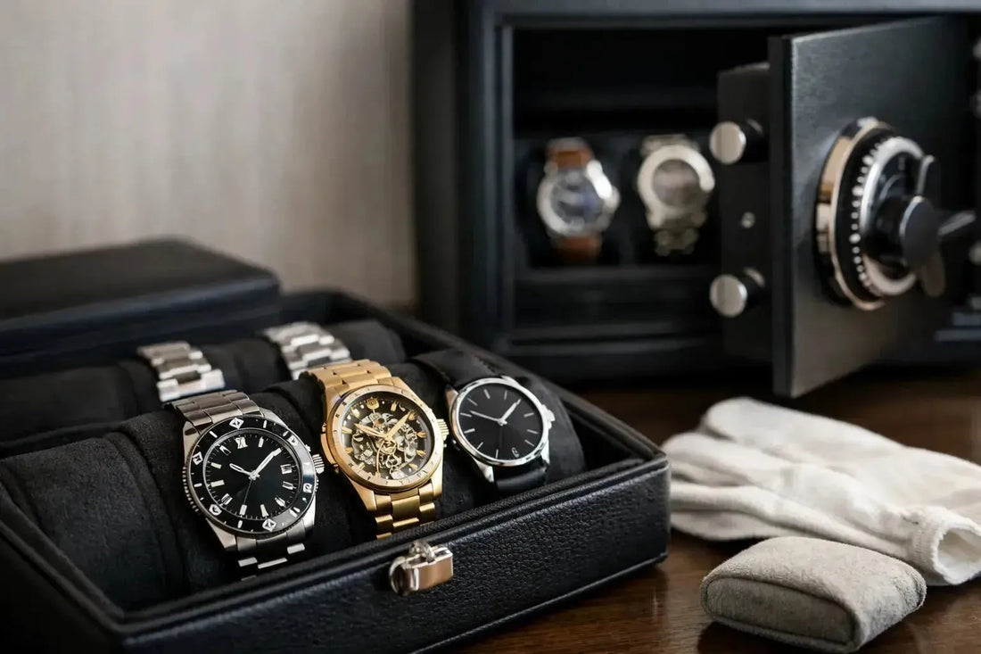 Luxury watches displayed in a black leather storage case next to a secure home safe and white handling gloves.