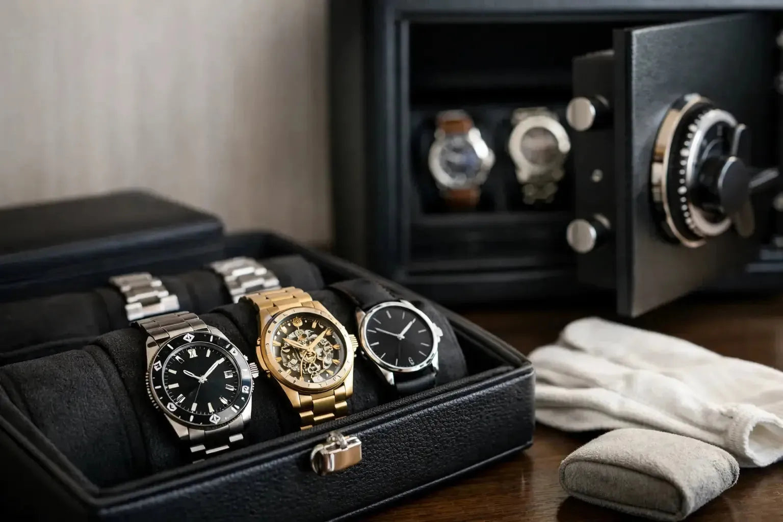 Luxury watches arranged in a black leather display case next to a small security safe and white handling gloves.