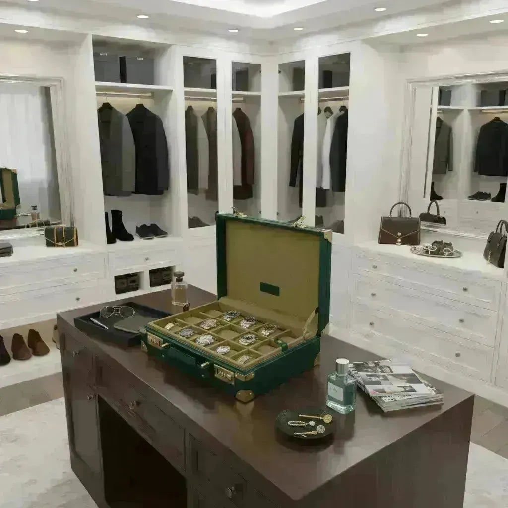 Open green leather watch box with gold hardware displayed on a dark wooden desk in a luxury walk-in closet.
