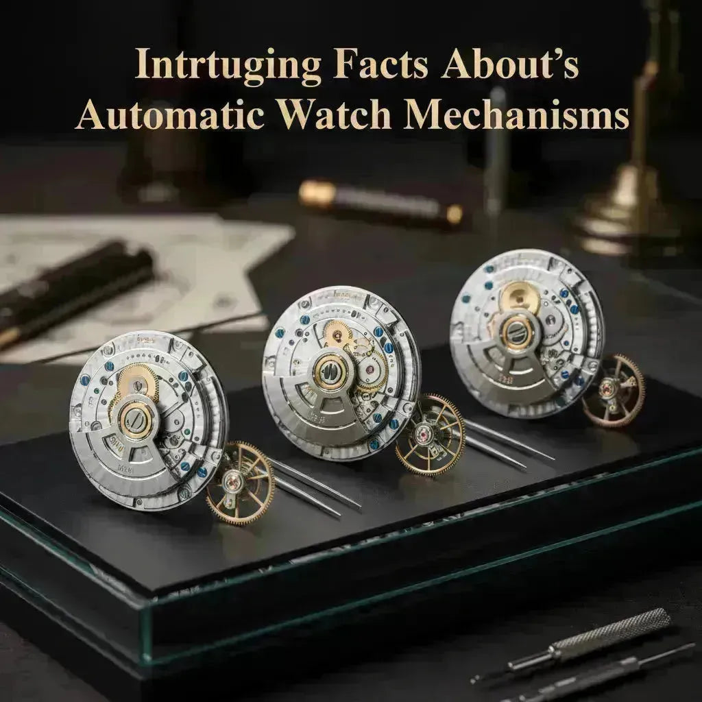 Three intricate automatic watch mechanisms with visible gears and blue screws, alongside watchmaking tools.