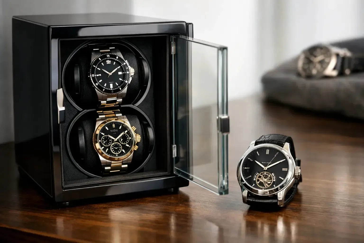 Two luxury watches inside a sleek black automatic winder with a glass door, next to a classic watch on a wooden table.