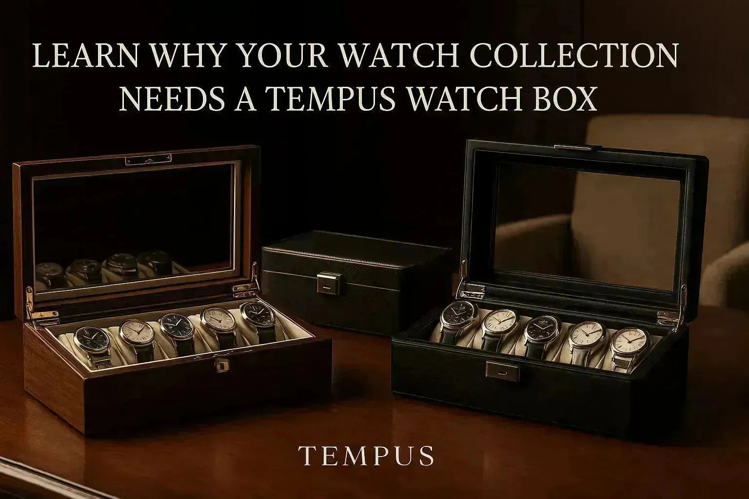Two open Tempus watch boxes: one dark wood with silver watches, one black leather with gold watches.