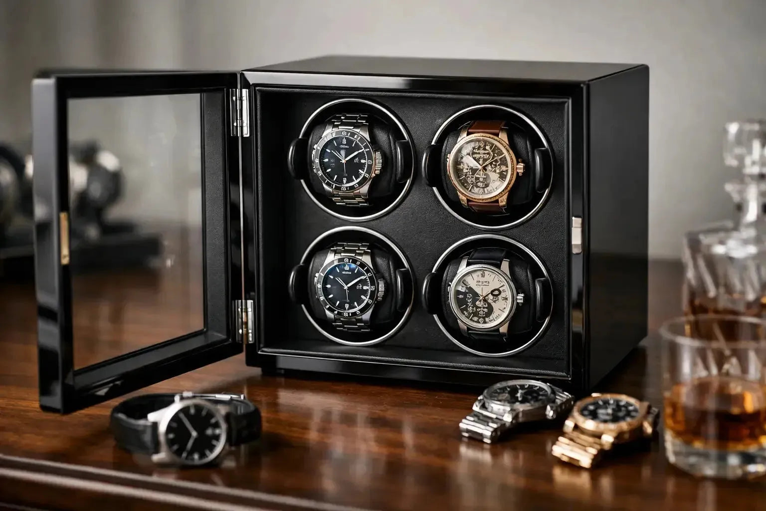Black wooden watch winder holding four luxury timepieces with a glass door, displayed on a polished mahogany desk.