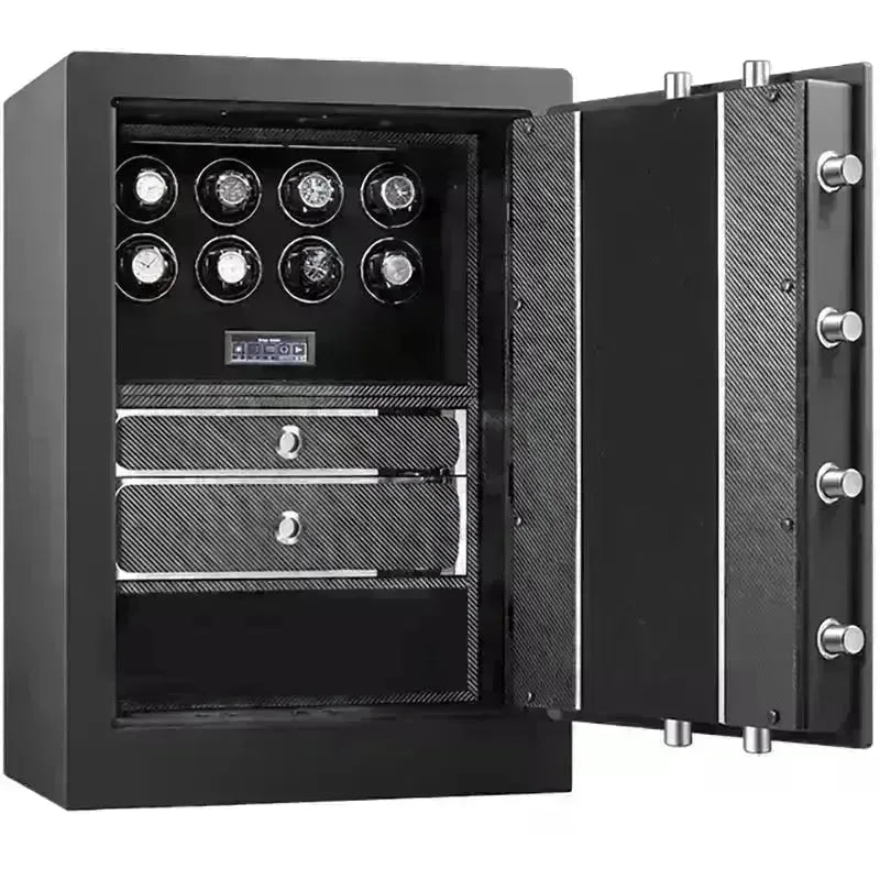 Black carbon fiber watch winder safe with eight rotating slots and two storage drawers for luxury timepieces.