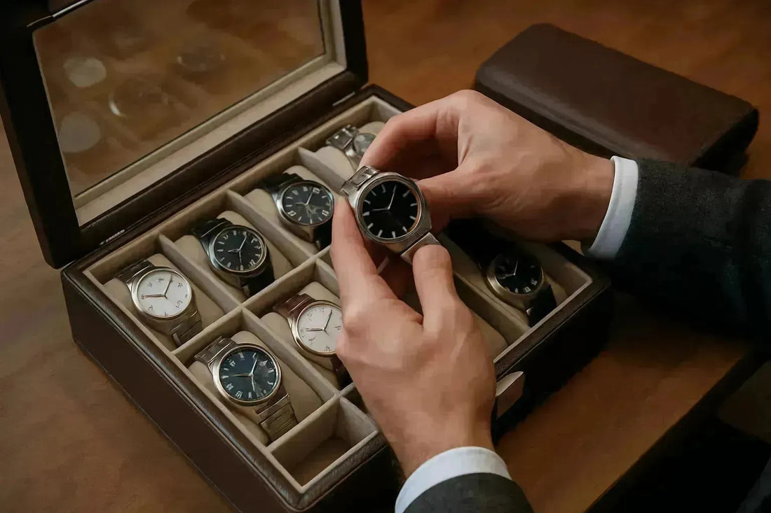 Man's hands placing a silver watch into a brown leather watch box with multiple compartments.