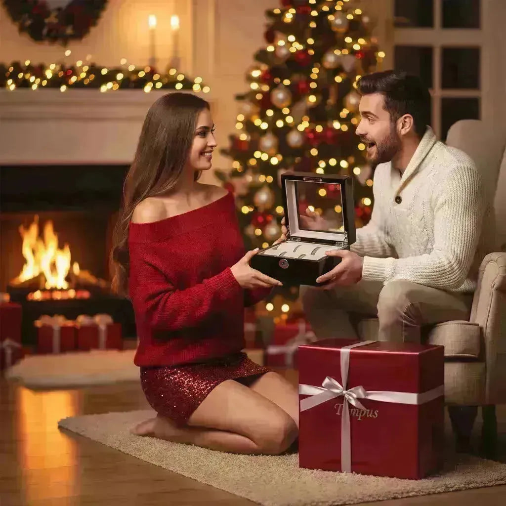 Woman gifting a black Tempus watch box to a man, with a Christmas tree and fireplace in the background.