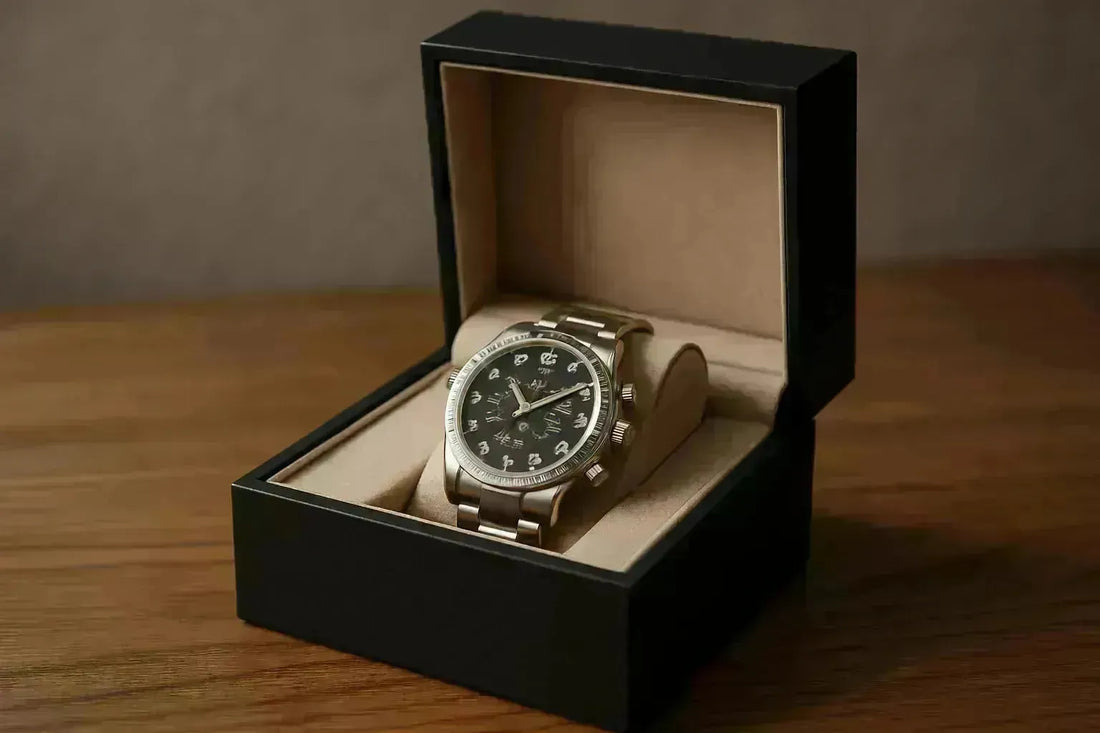 Luxury silver watch with a black dial displayed in an open black box with beige velvet lining.