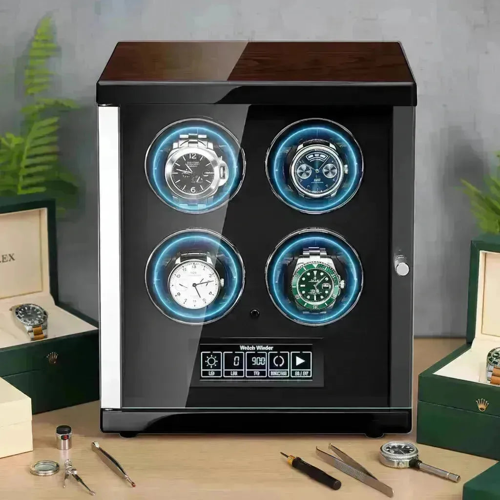 Elegant wooden watch winder displaying four automatic Rolex watches, with tools and boxes nearby.