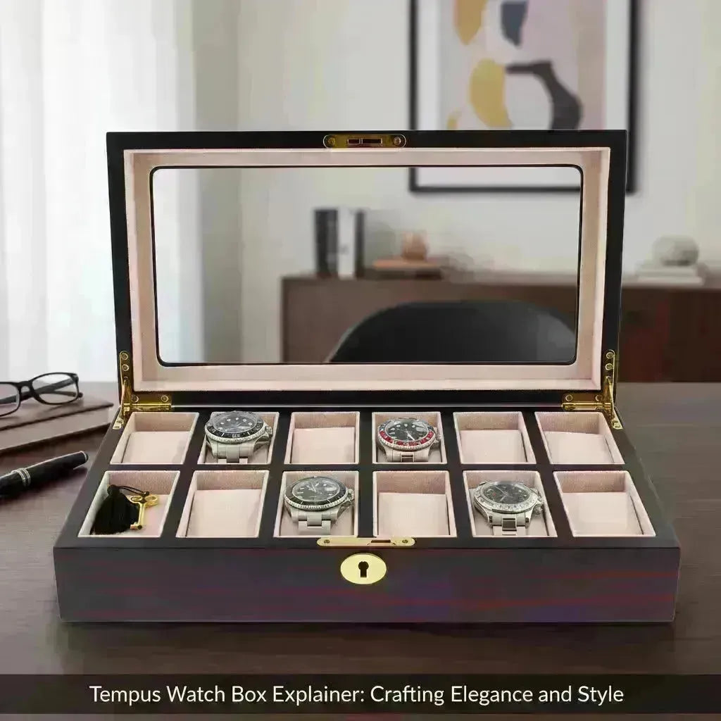 Elegant dark wood watch box with a glass display lid, gold lock, and plush beige interior holding luxury timepieces.