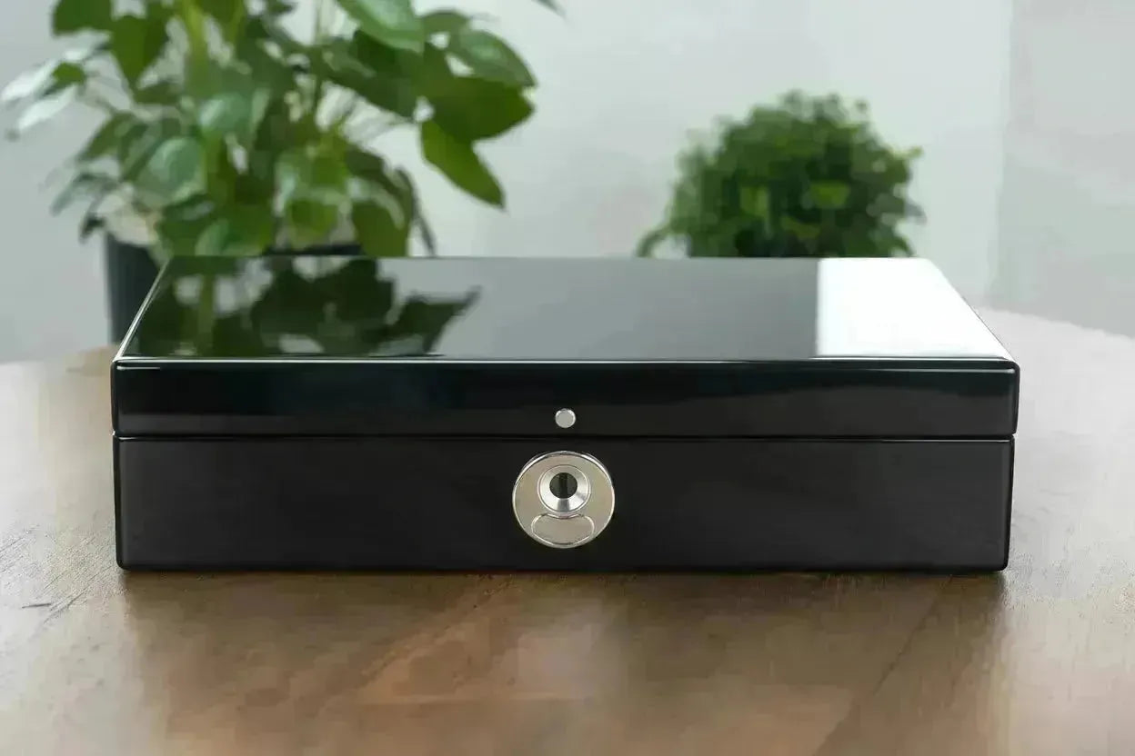 Sleek black Tempus watch box with a glossy finish and silver lock, resting on a wooden surface.