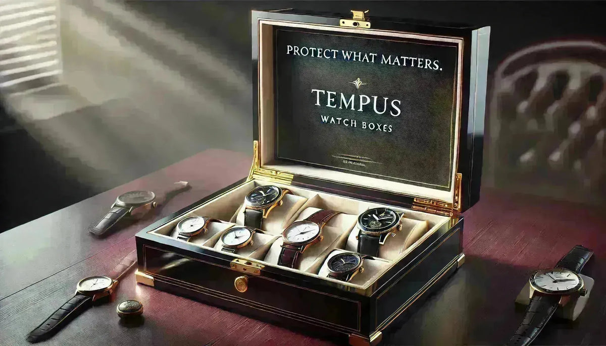 Open black lacquered Tempus watch box with gold accents displaying luxury timepieces on a wooden desk.
