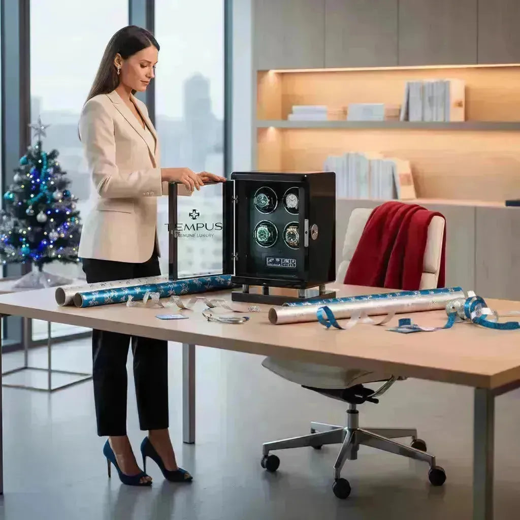 Woman opening a luxury watch rotator displaying four timepieces, with gift wrap on a desk.