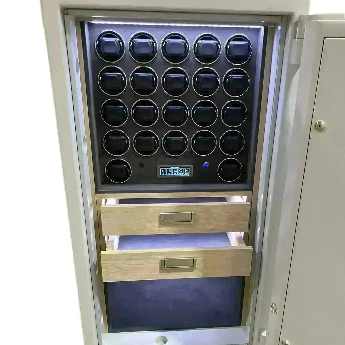 Luxury Tempus watch winder safe with twenty rotating slots, digital controls, and two wooden storage drawers.