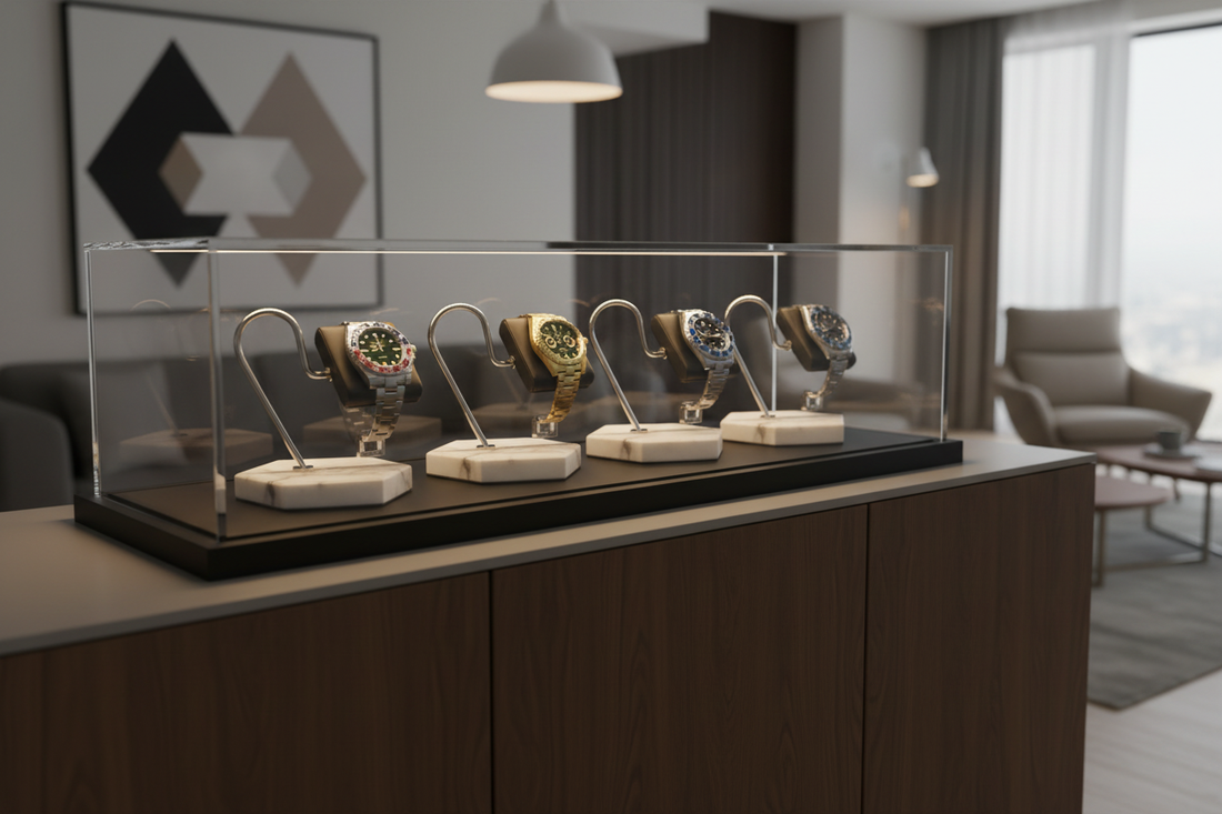 Luxury watch display case on a modern sideboard with multiple watches displayed under glass in ambient lighting