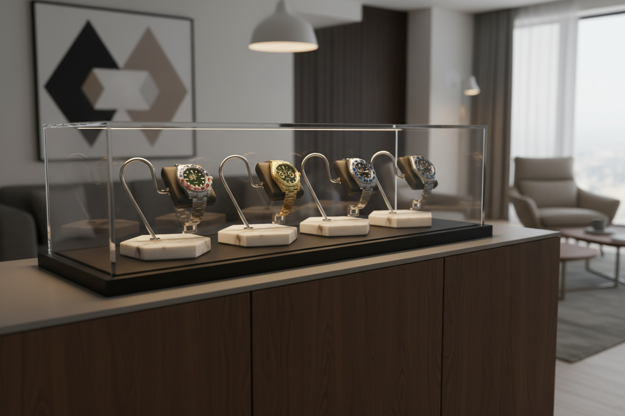 Luxury watch display case on a modern sideboard with multiple watches displayed under glass in ambient lighting