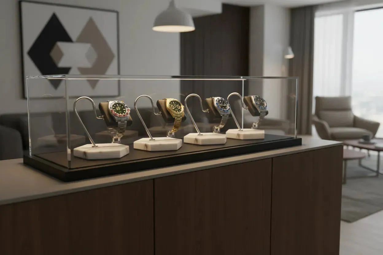 Clear acrylic watch display case with four luxury timepieces on individual marble stands atop a wooden cabinet.