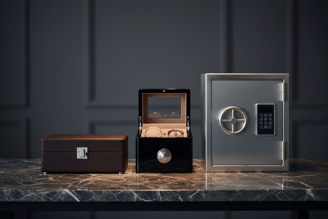 Watch box, winder and winder safe arranged on marble — the collector's upgrade path