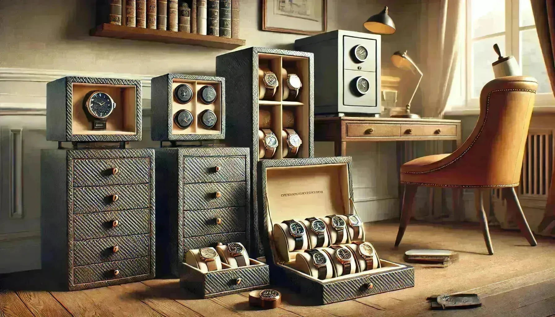 Various luxury watch storage solutions, including winders, display cases, and a safe, in a well-appointed room.